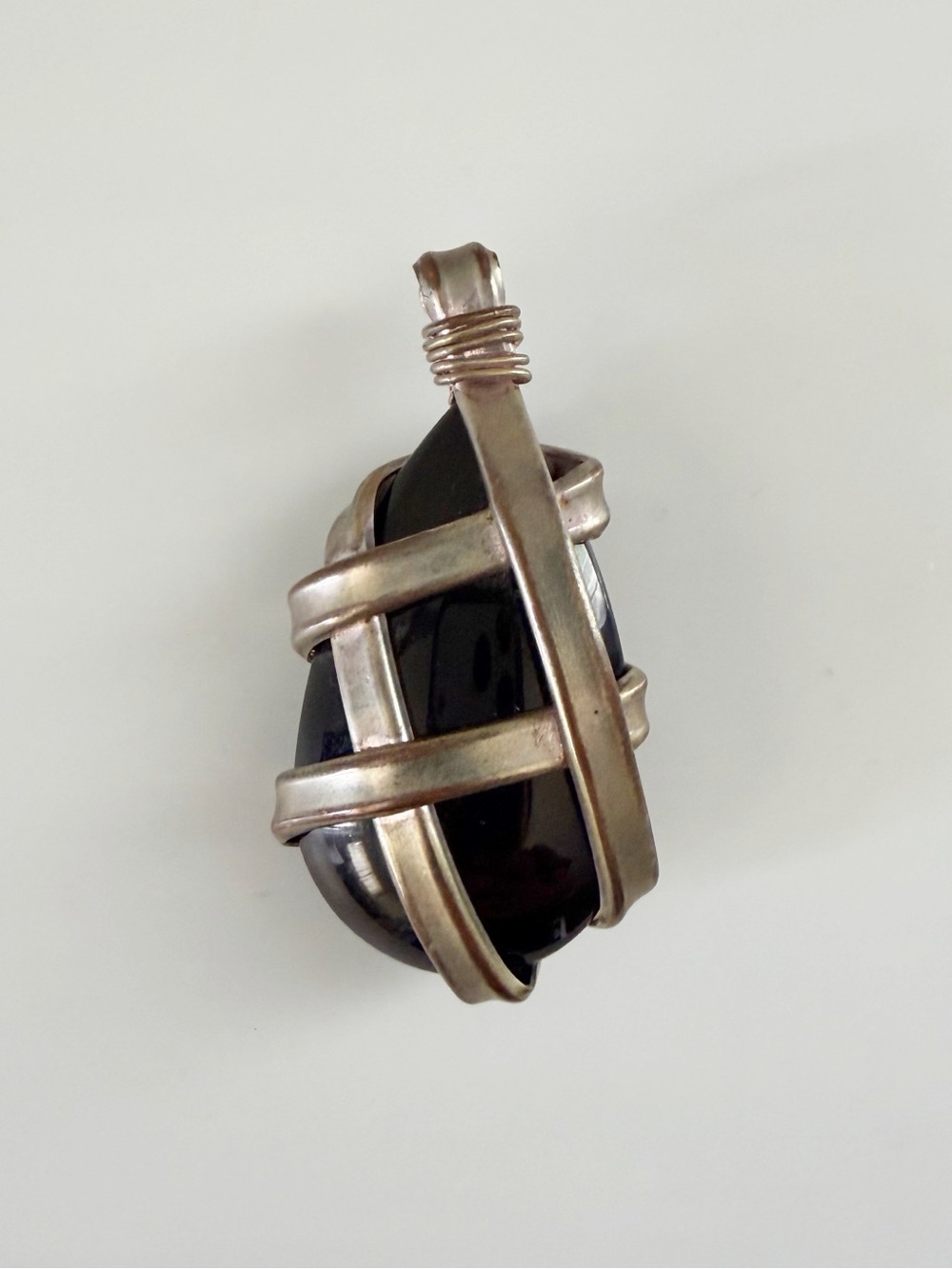 Vintage Tear Necklace Pendant Black Obsidian Stone Bound Silver Tone